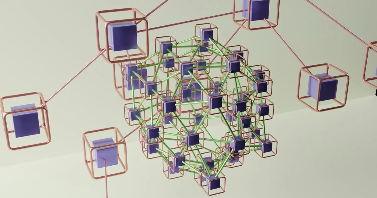 3D copper wireframe cubes connected by glowing green lines on a beige background
