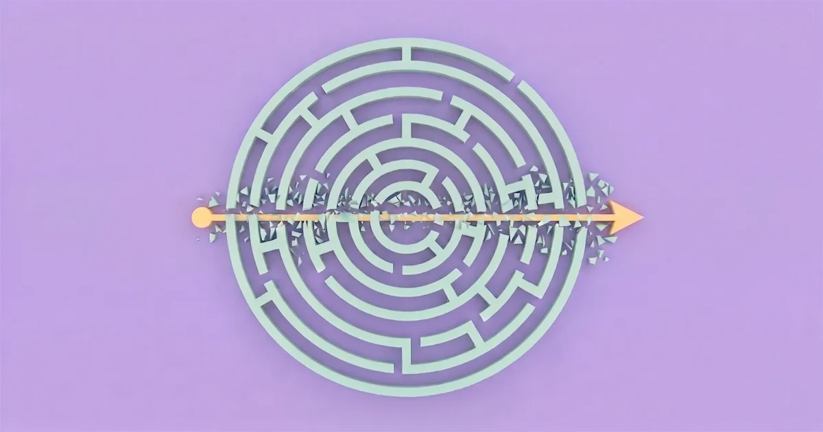 Orange arrow smashing through a circular maze on a purple background