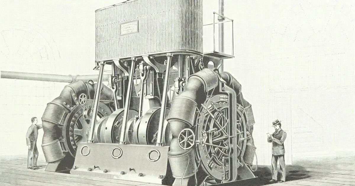 19th-century engraving of an Edison multipolar dynamo with two workers dwarfed by the massive industrial machine