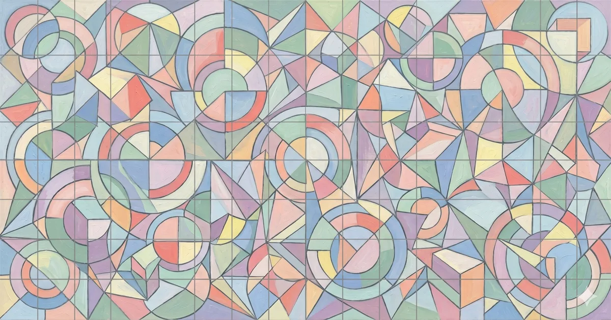 Abstract geometric painting with overlapping circles, triangles, and squares in pastel tones