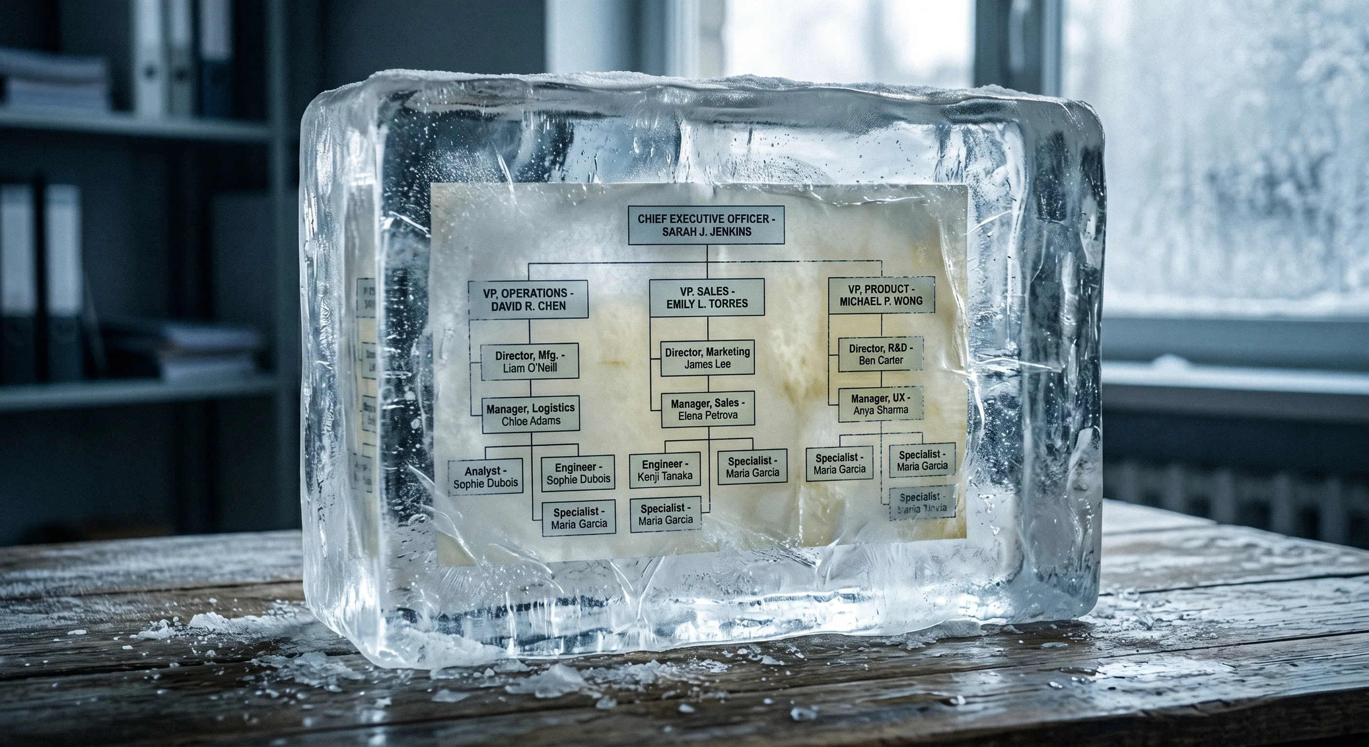 Corporate org chart frozen inside a block of ice on a wooden desk