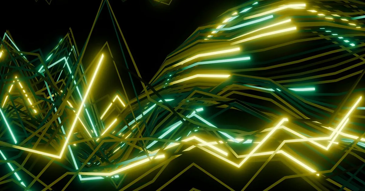 Green and yellow neon zigzag lines layered against a black background