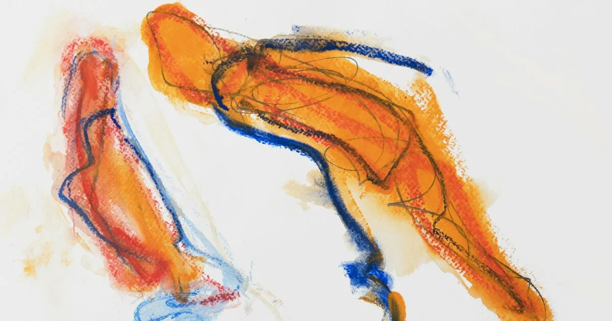 Abstract drawing in orange and blue with bold gestural brushwork on a light background
