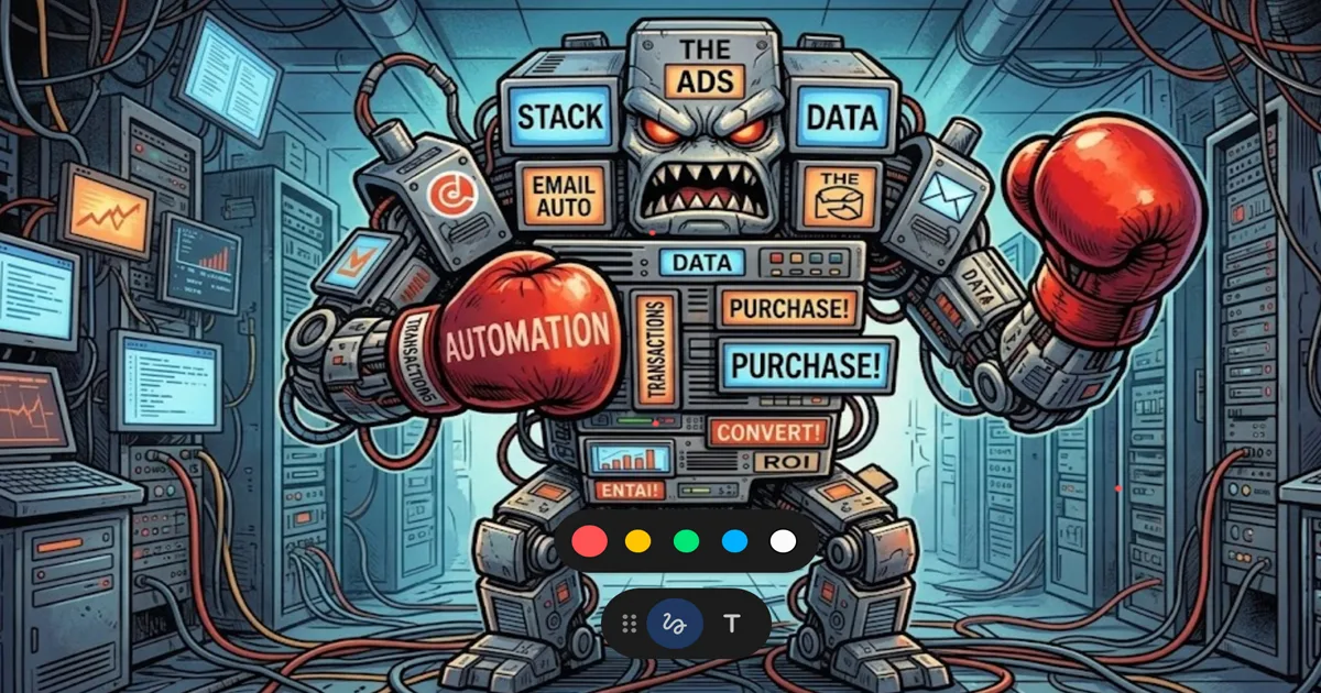 Angry robot assembled from martech components labeled Automation, Ads, Data, Purchase, Convert, and ROI, wearing boxing gloves in a server room