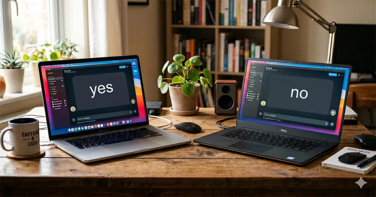 Two laptops on a wooden desk, one displaying 'yes' and the other displaying 'no' on their screens